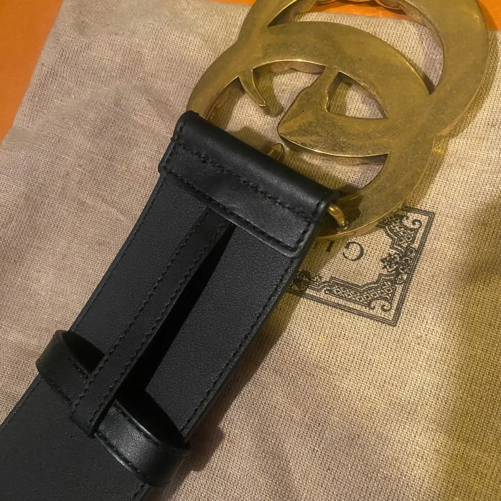 Gucci Black Leather Belt with Gold Crystal Double G Buckle
